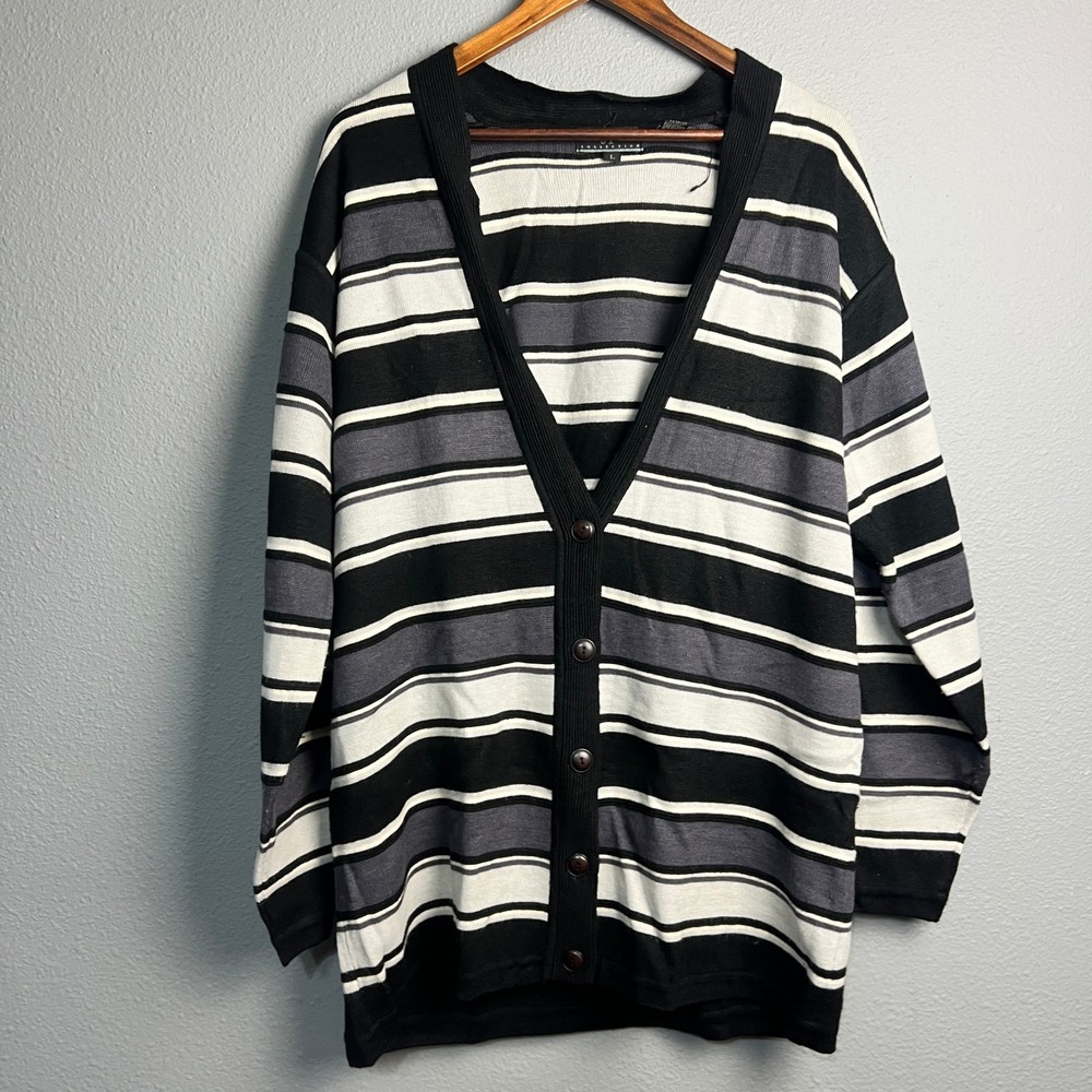 Jeanne Pierre Collection Lambswool BL Cardigan Lg Black‎ White Stripe Button Up